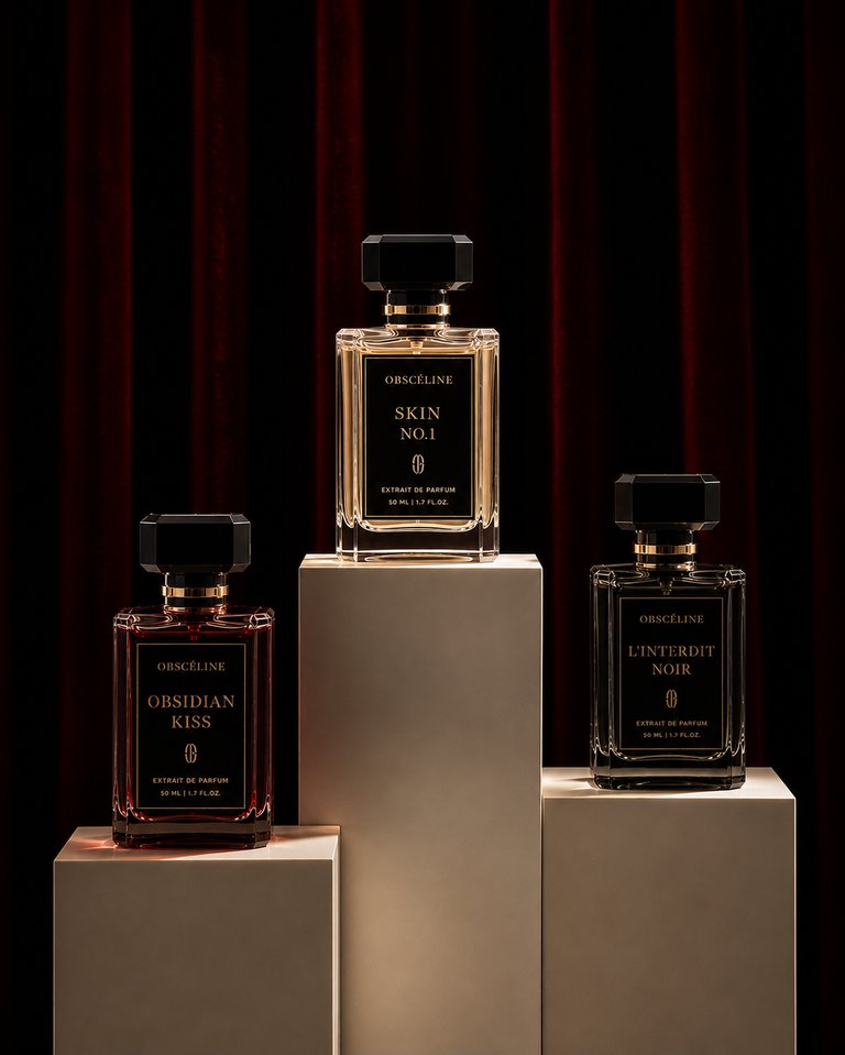 Three Obscéline bottles on plinths before a velvet curtain